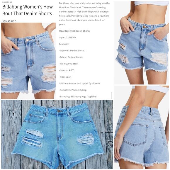 Distressed Cotton Denim Shorts Billabong How Bout That Size 30 Frayed High Rise - Picture 1 of 7